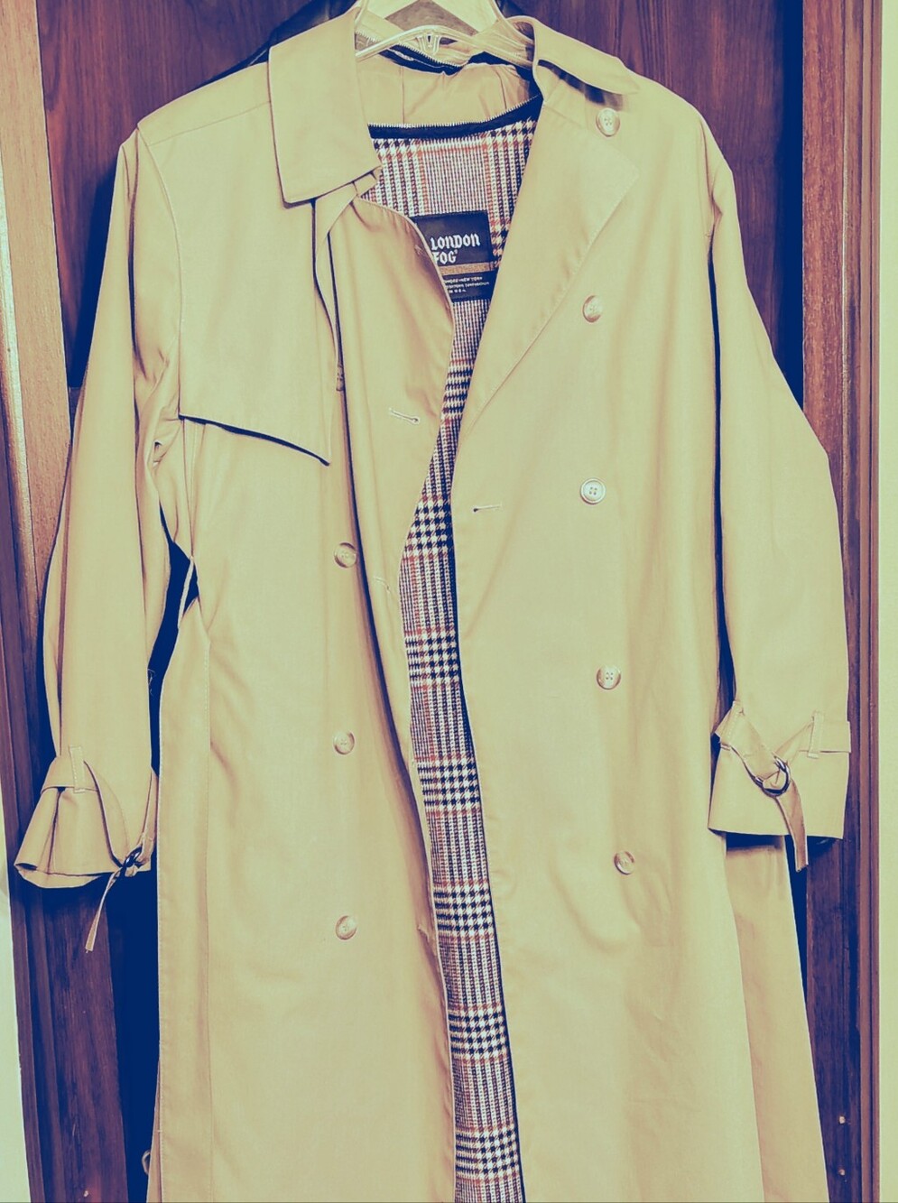 London Fog Tan Double-Breasted Trench Coat with Plaid Liner